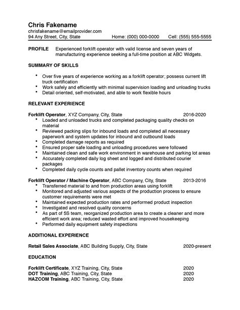 forklift operator resume