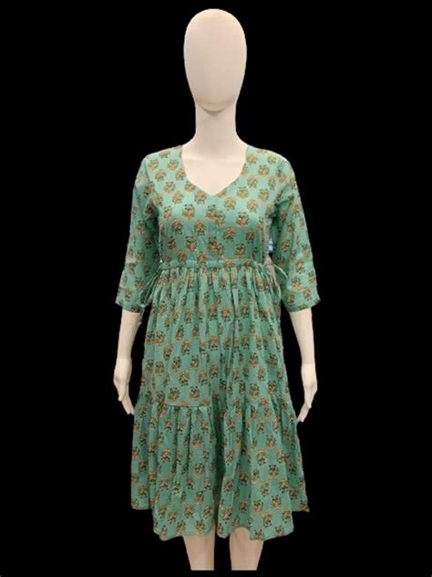 printed sea green v neck cotton one piece dress 3 4th sleeves casual