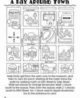 Map Directions Worksheets Following Skills Maps Activities Activity Town Coloring Dover Teaching Around Publications Studies English Book Kids Doverpublications Social sketch template