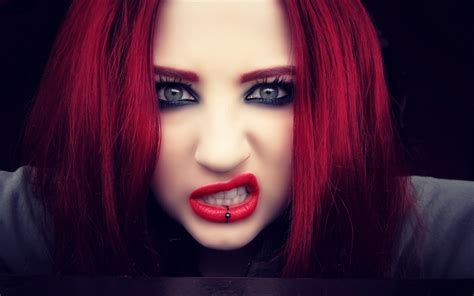 wallpaper face women redhead model green eyes red lipstick blue piercing teeth mouth