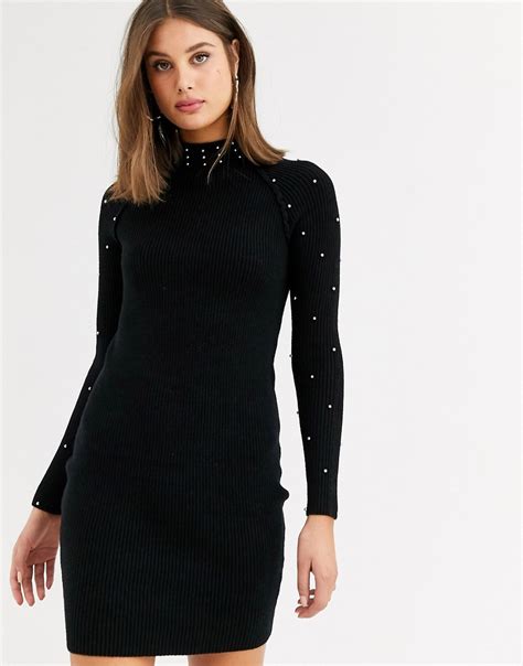asos design tall grofgebreide mini jurk met studs zwart tall fashion