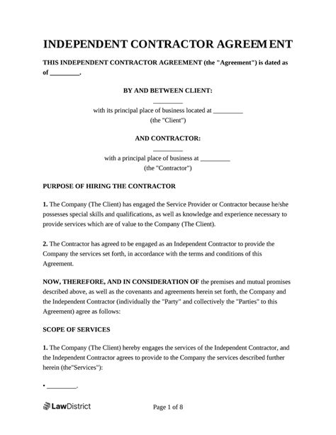 independent contractor agreement template sample  lawdistrict