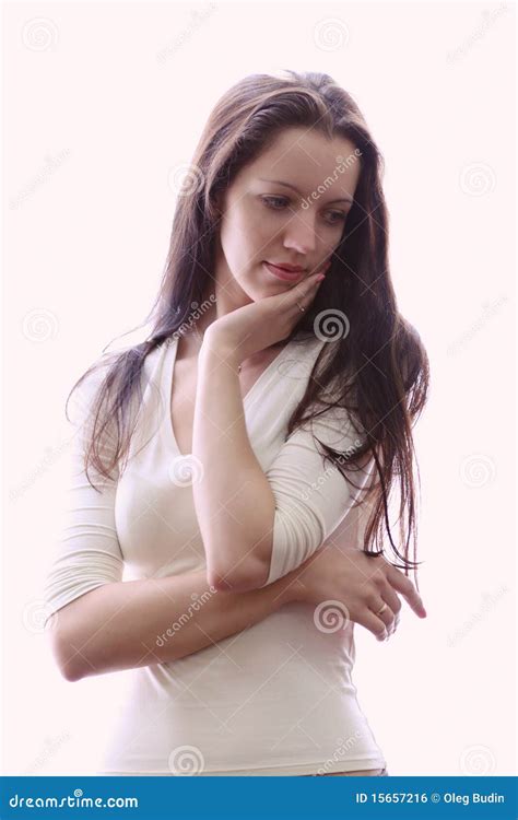 young white woman  wight clothers  counter lig stock photo image  isolated brown