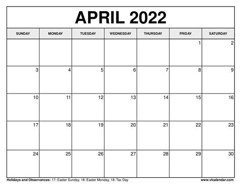 printable april  calendar templates  holidays vl calendar