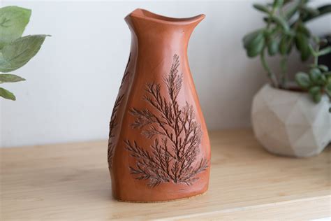vintage terracotta vase sculpted studio pottery art vase  flowers branches floral