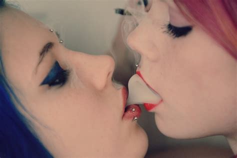 xbooru blue hair kissing lesbian makeup photo piercing red lipstick redhead smoking 297268