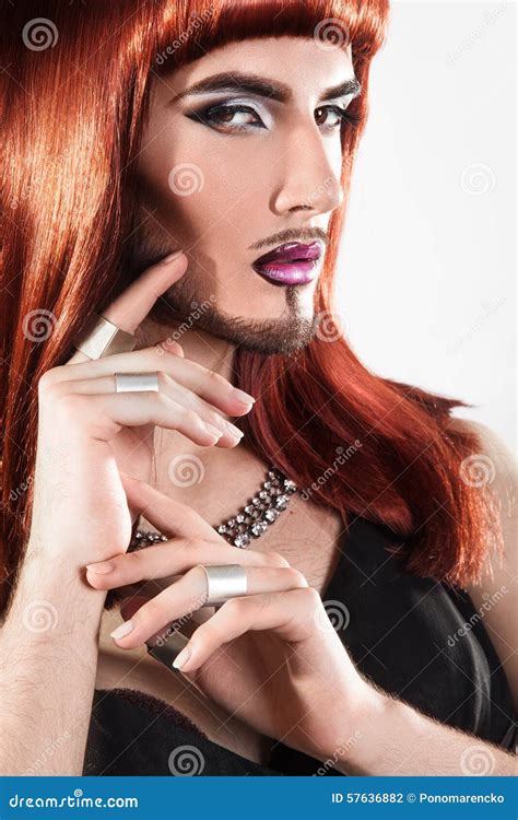 Closeup Portrait Of Cute Redhair Bearded Shemale Model With Nice Stock
