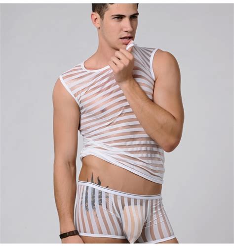 men sexy lace sheer tank tops sleeveless vest mesh transparent striped