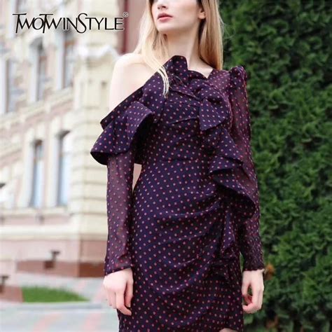 Twotwinstyle Spring Ruffles Dresses For Women Off Shoulder V Neck Puff
