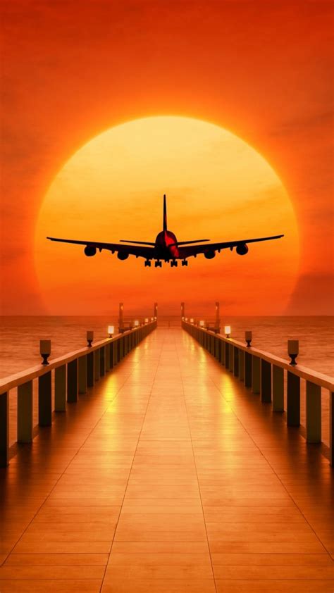 airplane photoshop pier sunset  wallpaper