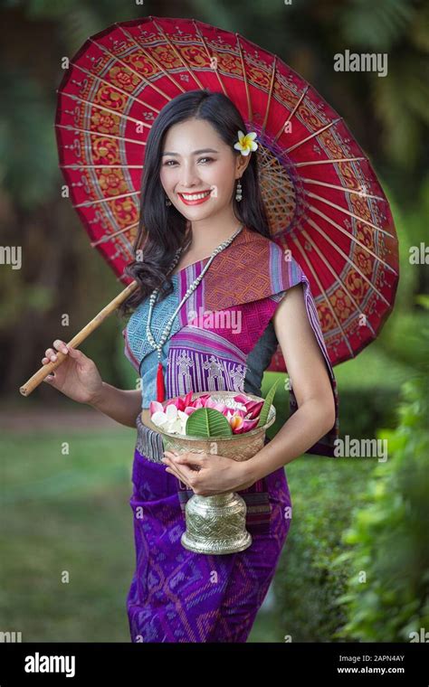 Beautiful Laos Girl In Costume Asian Woman Wearing Traditional Laos