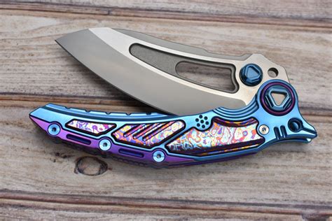 maxace titanis custom polished  anodized blue  purple  accent  timascus inlays