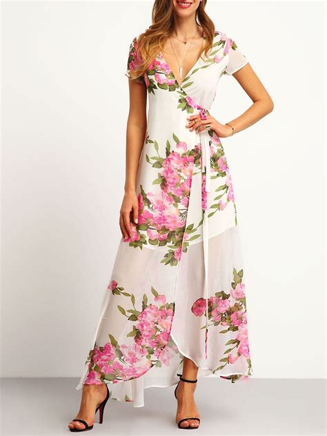 White Floral Print Wrap Maxi Dress Shein Sheinside