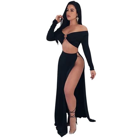 Sexy Split Women Skirt 2 Piece Set Spring Solid Black Long Sleeve Off