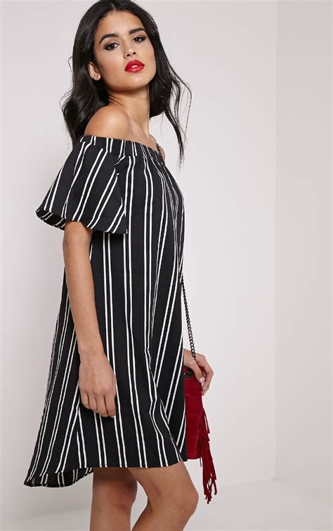 lexi black stripe bardot mini dress dresses prettylittlething