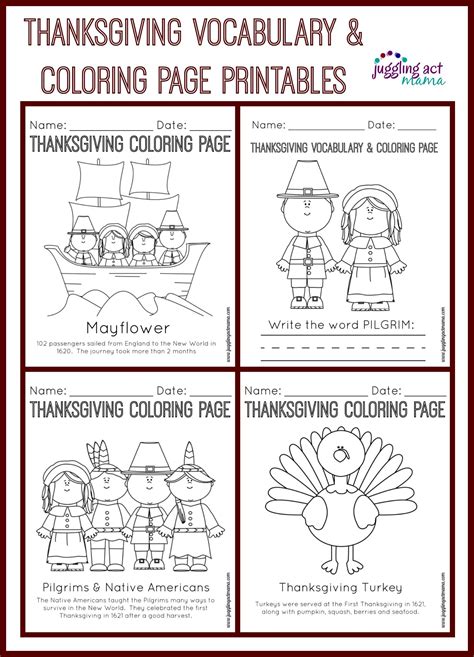 thanksgiving vocabulary  coloring page printables thanksgiving