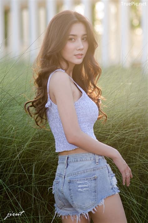 Thailand Model Baiyok Panachon Cute White Crop Top And