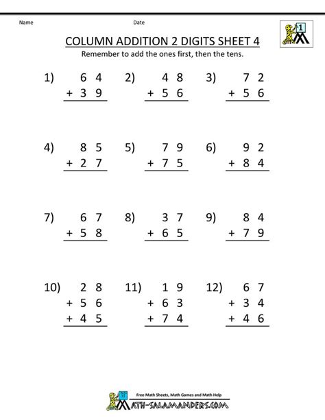 math worksheets printable column addition  digits carrying