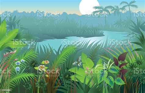 A Vibrant Image Of A Jungle Landscape Background Stock Illustration