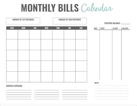 monthly bill due date template