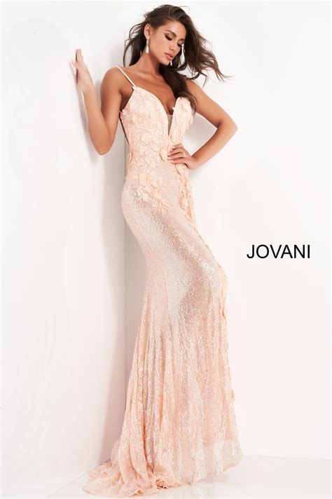 jovani 1012 cream spaghetti strap floral fitted dress