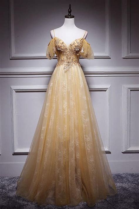 Champagne Tulle Lace Long Prom Dress Champagne Evening Dress