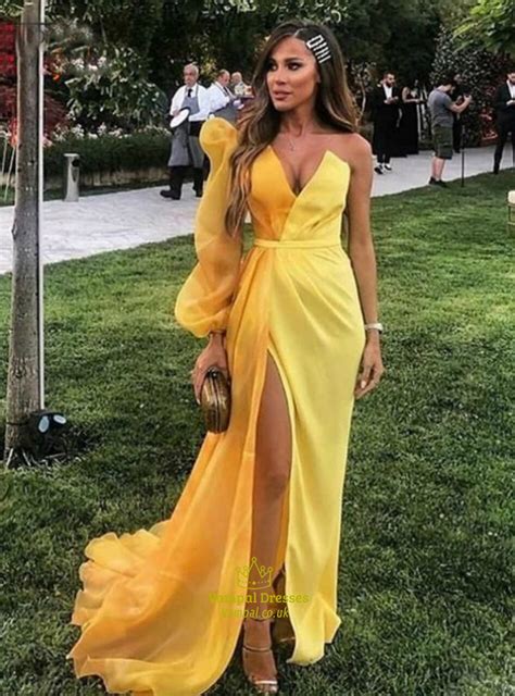 yellow mermaid one shoulder side split prom dress with one long sleeve