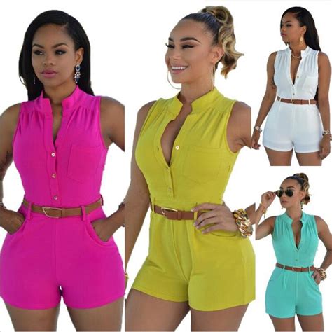 sexy sleeveless bodysuit candy color women shorts pockets playsuit