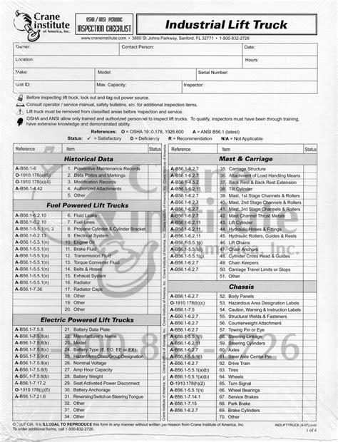 printable osha daily forklift inspection checklist  resume