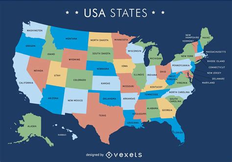 estados unidos 50 mapa de colores y nombres de estados imagen vectorial
