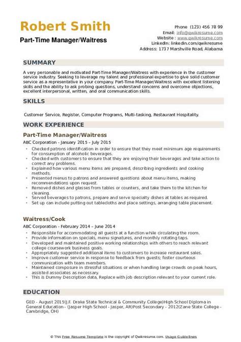 waitress resume samples qwikresume