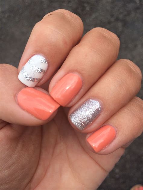 summer gel polish nails  coral white silver glitter   nail designs summer gel