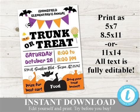 instant  printable trunk  treat halloween flyer fully