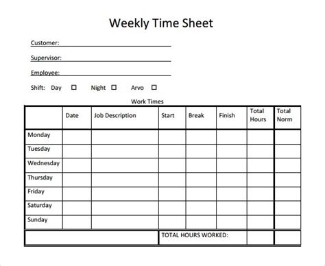 weekly timesheet templates  sample  format