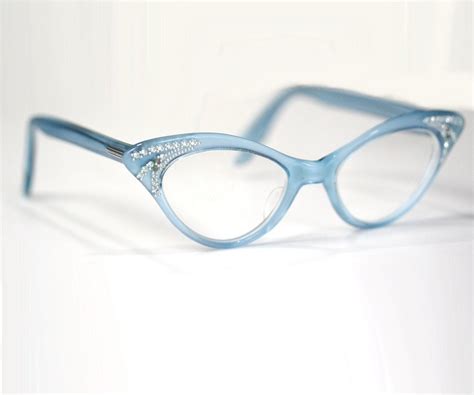 vintage 50s 60s blue cat eye glasses frames with rhinestones