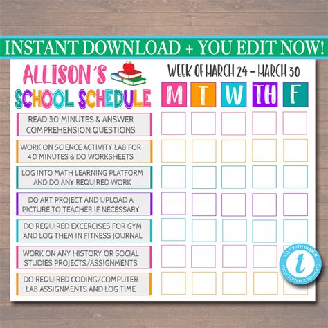 homeschool schedule daily subject checklist template tidylady