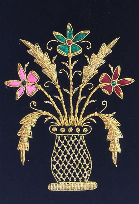Indian Velvet Embroidery Art Handmade Jaipur Floral Vase Decor Ethnic