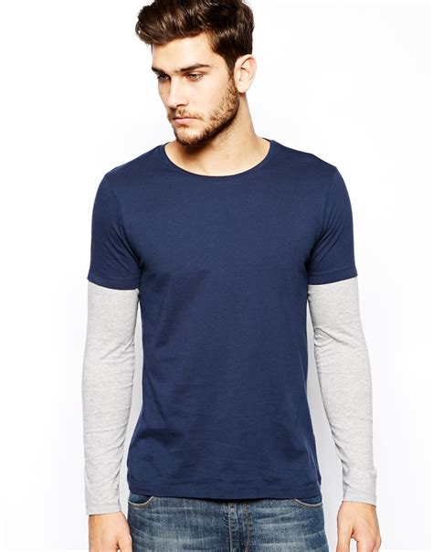 asos long sleeve tshirt  double layer  blue  men lyst