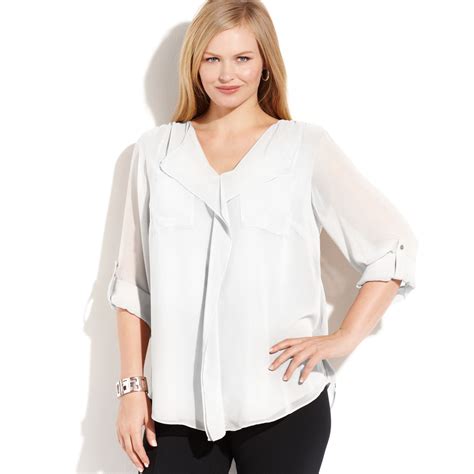 calvin klein  size long sleeve ruffled blouse  white lyst