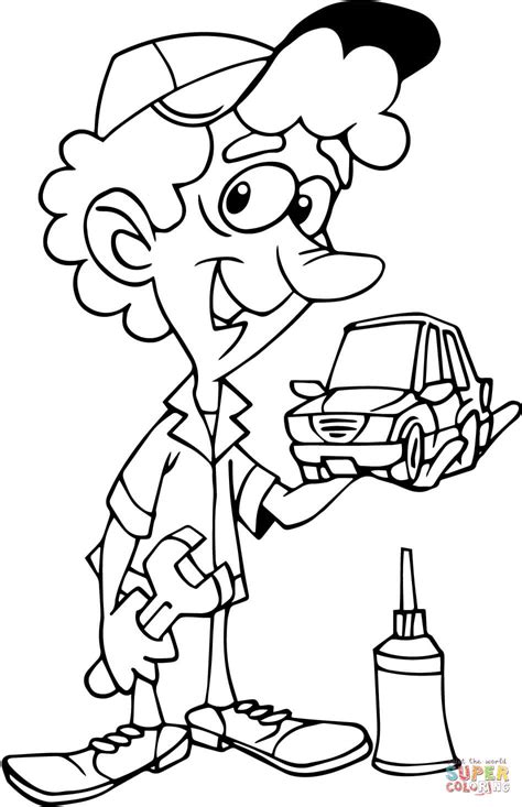 cartoon mechanic holding small car coloring page  printable