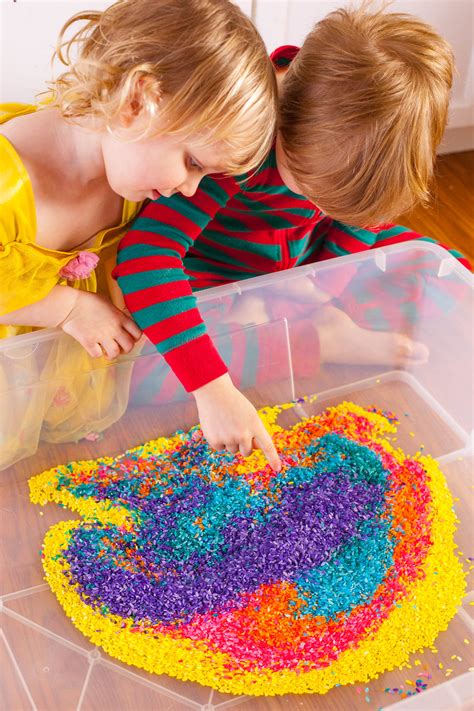 rainbow rice sensory bin activity  kids eating richly
