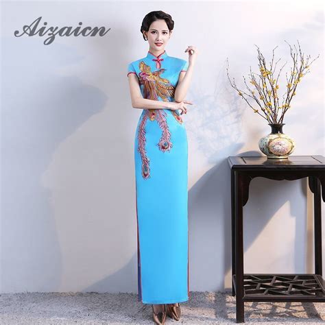 2018 new blue qipao long cheongsam embroidery chinese silk dress sexy