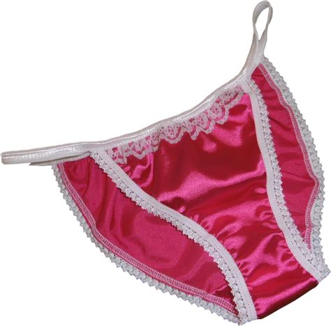 shiny satin and lace mini tanga string bikini panties hot pink with