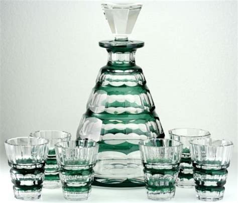 c 1930s val saint lambert green overlay decanter and glasses set 97280