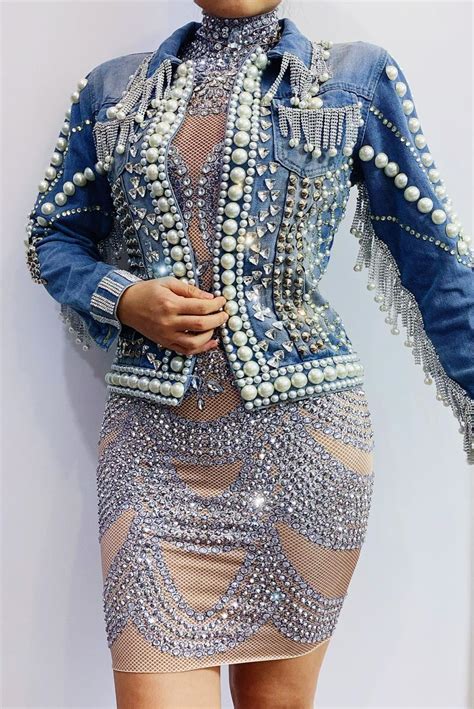 Silver Stones Nude Dress Rivet Pearl Denim Jacket Women Singer Dancer