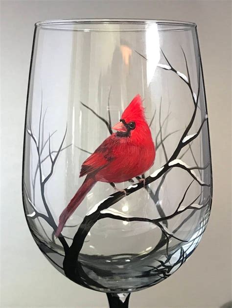 Cardinal Wine Glass Winter Red Spirit Bird Snowy Tree Branches Etsy