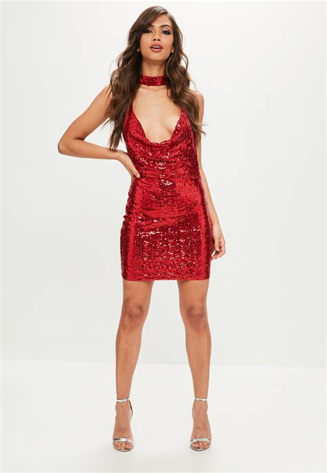 Red Plunge Sequin Mini Dress Missguided