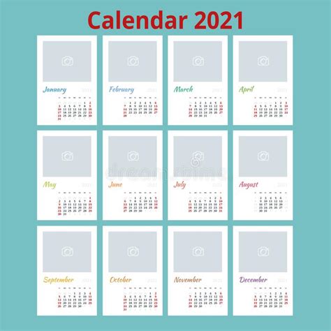 calendario 2021 plantilla de impresi贸n con lugar para fotograf铆a