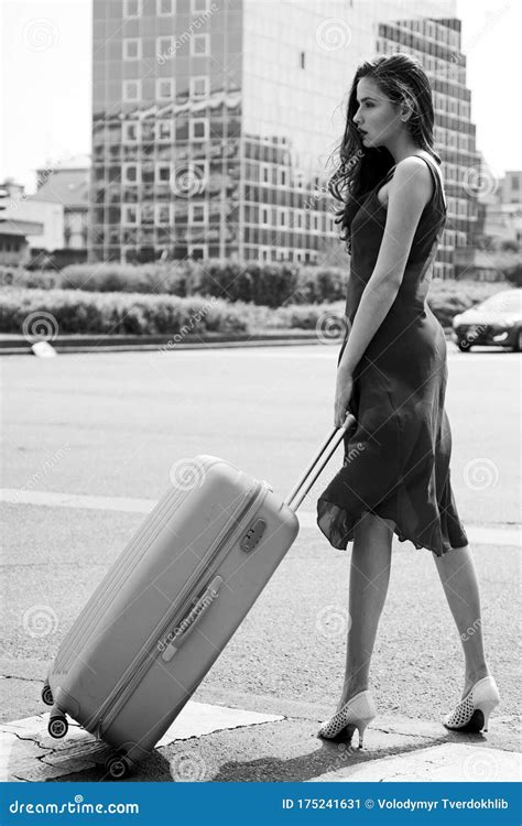 Woman Traveler With Suitcase Sensual Woman Beauty And Fashion Sunny
