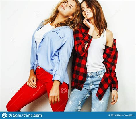 best friends teenage girls together having fun posing